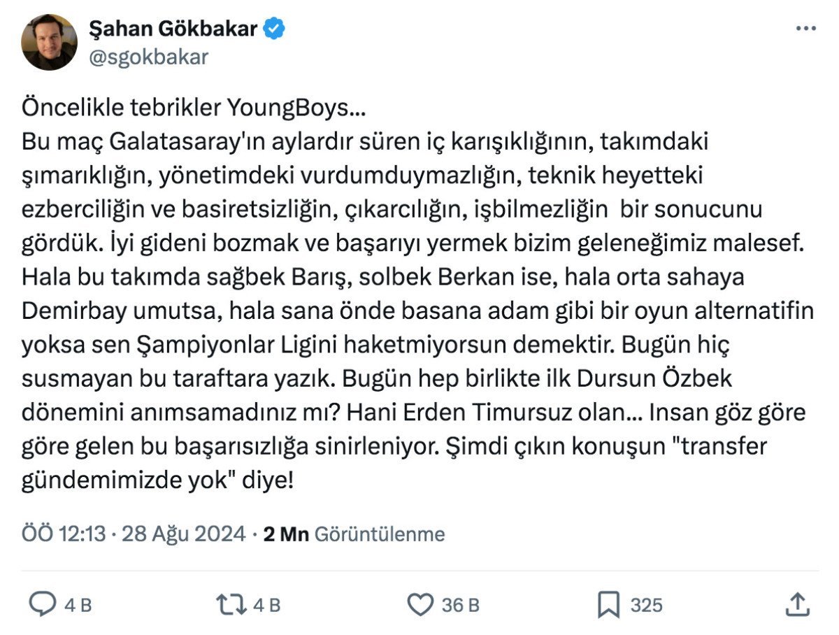 Galatasaray'ın Şampiyonlar Ligi'nden Elenişi ve Şahan Gökbakar'ın Tepkisi